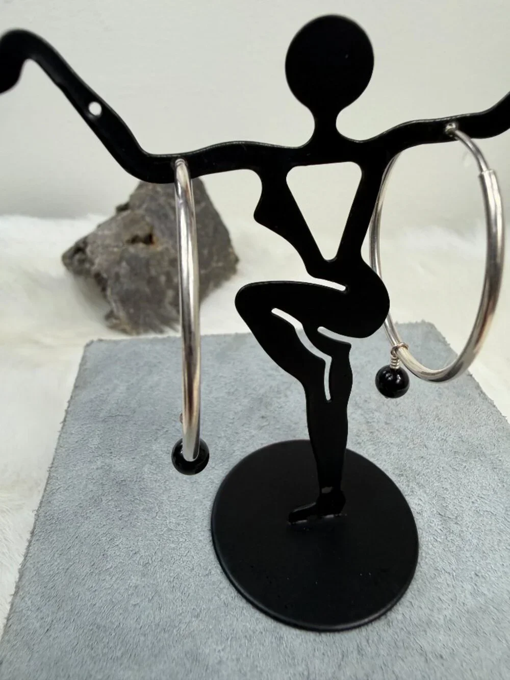 Sterling Silver Hoop Earrings w/ Black Onyx Dangle Bead 1.75
